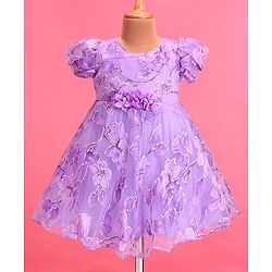 Babyhug Woven Puffed Sleeves Floral Printed Fit & Flared Party Frock with Applique - Purple