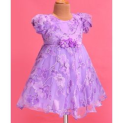 Babyhug Woven Puffed Sleeves Floral Printed Fit & Flared Party Frock with Applique - Purple