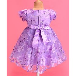 Babyhug Woven Puffed Sleeves Floral Printed Fit & Flared Party Frock with Applique - Purple
