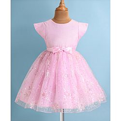 Babyhug Woven Cap Sleeves Fit & Flared Sequined Embroidered Party Frock & Bow Applique - Peach