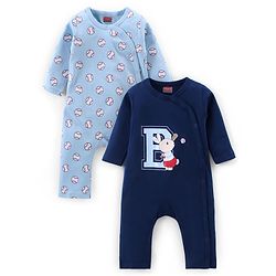 Babyhug 100% Cotton Full Sleeves Front Open Romper With Baseball Print Pack of 2 - Blue