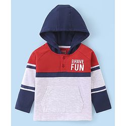 Babyhug Cotton Knit Full Sleeves Hooded T-Shirt with Kangaroo Pocket & Text Print - Light Grey Red & Navy Blue