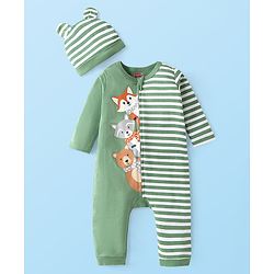 Babyhug Interlock Knit Full Sleeves Striped  Romper with Cap Wild Animal Print  - Green