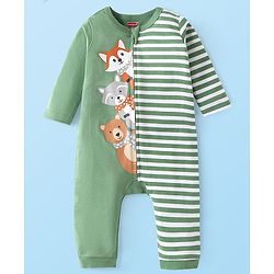 Babyhug Interlock Knit Full Sleeves Striped  Romper with Cap Wild Animal Print  - Green