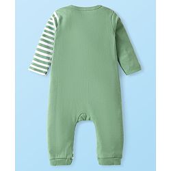 Babyhug Interlock Knit Full Sleeves Striped  Romper with Cap Wild Animal Print  - Green