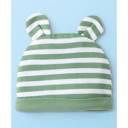 Babyhug Interlock Knit Full Sleeves Striped  Romper with Cap Wild Animal Print  - Green