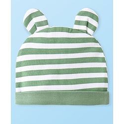 Babyhug Interlock Knit Full Sleeves Striped  Romper with Cap Wild Animal Print  - Green