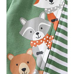 Babyhug Interlock Knit Full Sleeves Striped  Romper with Cap Wild Animal Print  - Green