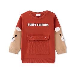 Babyug Cotton Knit Full Sleeves Sweatshirt With Text Puff Print & Animal Applique - Brown