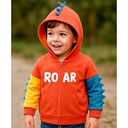 Babyhug Cotton Knit Full Sleeves Front Open Hooded Sweatjacket With Dino Applique & Kangaroo Pockets - Orange