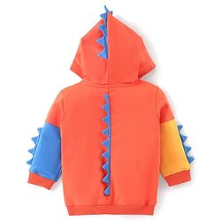 Babyhug Cotton Knit Full Sleeves Front Open Hooded Sweatjacket With Dino Applique & Kangaroo Pockets - Orange