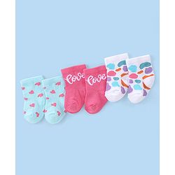 Cute Walk by Babyhug Knit Anti-Bacterial Ankle Length Socks with Heart & Text Design Pack of 3 - Pink Blue & White