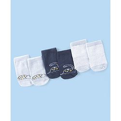 Cute Walk by Babyhug Knit Anti-Bacterial Ankle Length Socks with Striped & Dino Design Pack of 3 - Blue & White
