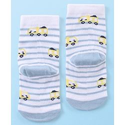 Cute Walk by Babyhug Anti-Bacterial Ankle Length Striped & Vehicle Design Socks Pack of 3 - White Grey & Blue