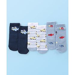 Cute Walk by Babyhug Anti-Bacterial Ankle Length Striped & Vehicle Design Socks Pack of 3 - White Grey & Blue