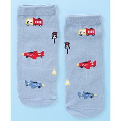 Cute Walk by Babyhug Anti-Bacterial Ankle Length Striped & Vehicle Design Socks Pack of 3 - White Grey & Blue