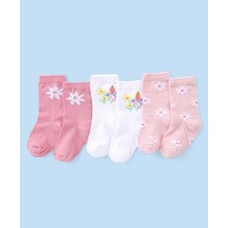 Cute Walk by Babyhug Knit Anti-Bacterial Ankle Length Socks with Floral Design Pack of 3 - Pink & White