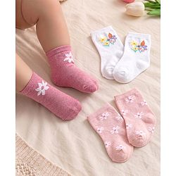 Cute Walk by Babyhug Knit Anti-Bacterial Ankle Length Socks with Floral Design Pack of 3 - Pink & White