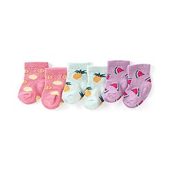 Cute Walk by Babyhug Knit Anti-Bacterial Ankle Length Socks with Watermelon Pineapple & Orange Design Pack of 3 - Pink Mint & Purple