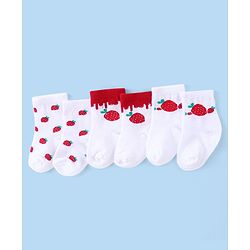 Cute Walk by Babyhug Knit Anti-Bacterial Ankle Length Socks with Strawberry Design Pack of 3 - White  & Red