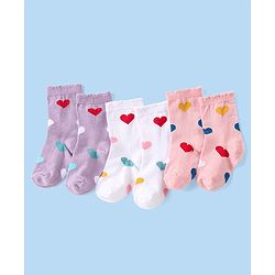 Cute Walk by Babyhug Knitted Anti-Bacterial Ankle Length Socks With Heart Design Pack of 3 - Lilac White & Peach
