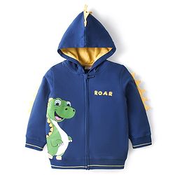 Babyug Cotton Knit Full Sleeves Front Open Hooded Sweatjacket with Dino Print & Applique - Navy Blue