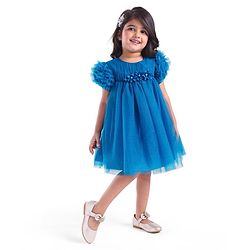 Babyhug Woven Half Ruffle At Sleeves Shimmered  Fit & Flared Party Frock with Floral Applique - Blue