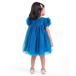 Babyhug Woven Half Ruffle At Sleeves Shimmered  Fit & Flared Party Frock with Floral Applique - Blue