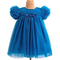 Babyhug Woven Half Ruffle At Sleeves Shimmered  Fit & Flared Party Frock with Floral Applique - Blue