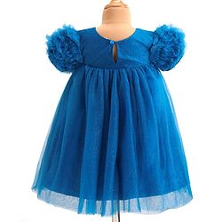 Babyhug Woven Half Ruffle At Sleeves Shimmered  Fit & Flared Party Frock with Floral Applique - Blue