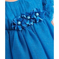 Babyhug Woven Half Ruffle At Sleeves Shimmered  Fit & Flared Party Frock with Floral Applique - Blue