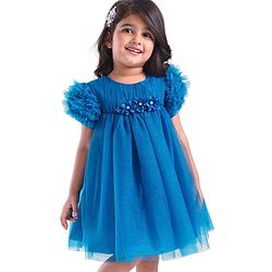 Babyhug Woven Half Ruffle At Sleeves Shimmered  Fit & Flared Party Frock with Floral Applique - Blue