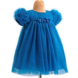 Babyhug Woven Half Ruffle At Sleeves Shimmered  Fit & Flared Party Frock with Floral Applique - Blue