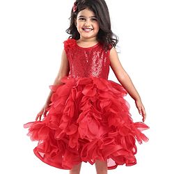 Babyhug Woven Sleeveless Fit & Flared Sequined Party Frock with Floral Applique - Red