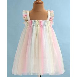 Babyhug Woven Frill Sleeves A Line Party Frock with Butterfly Detailing - Multicolour