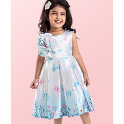 Babyhug Woven  Sleeveless Fit & Flared Party Frock with Floral Print & Applique -  White & Sky Blue
