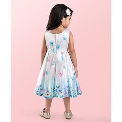 Babyhug Woven  Sleeveless Fit & Flared Party Frock with Floral Print & Applique -  White & Sky Blue