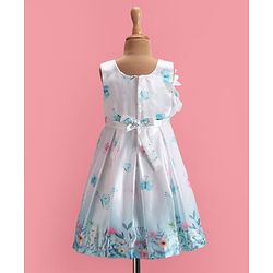 Babyhug Woven  Sleeveless Fit & Flared Party Frock with Floral Print & Applique -  White & Sky Blue