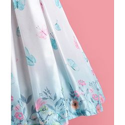 Babyhug Woven  Sleeveless Fit & Flared Party Frock with Floral Print & Applique -  White & Sky Blue