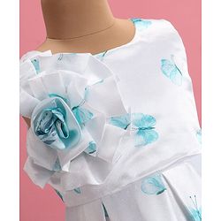 Babyhug Woven  Sleeveless Fit & Flared Party Frock with Floral Print & Applique -  White & Sky Blue