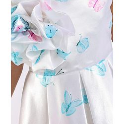 Babyhug Woven  Sleeveless Fit & Flared Party Frock with Floral Print & Applique -  White & Sky Blue