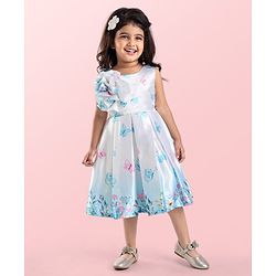 Babyhug Woven  Sleeveless Fit & Flared Party Frock with Floral Print & Applique -  White & Sky Blue