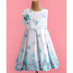 Babyhug Woven  Sleeveless Fit & Flared Party Frock with Floral Print & Applique -  White & Sky Blue