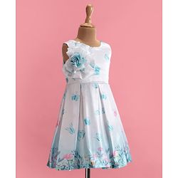 Babyhug Woven  Sleeveless Fit & Flared Party Frock with Floral Print & Applique -  White & Sky Blue