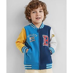 Babyug Cotton Knit Full Sleeves Bomber Jacket With Text Print & Embroidery - Blue