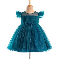 Babyhug Woven Half  Ruffle Sleeves Glitter Printed Solid Color Party Frock with Floral Applique - Teal Blue