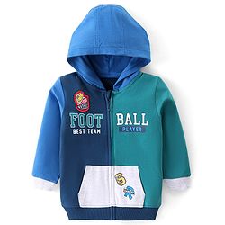 Babyhug Cotton Knit Full Sleeves Hooded Front Open Sweatjacket with Text Print & Kangaroo Pockets - Blue & Green
