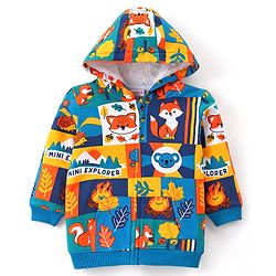 Babyhug Cotton Knit Full Sleeves Hooded Sweatshirts with Animals Print & Kangaroo Pockets - Blue & Yellow