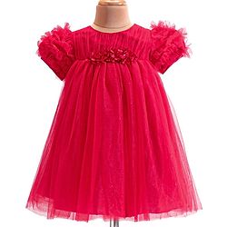 Babyhug Woven Ruffle Half Sleeves Fit and Flare Party Frock With Floral Applique -Red
