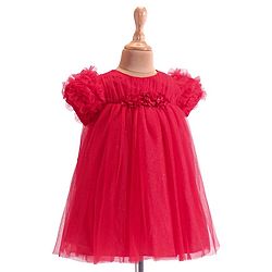 Babyhug Woven Ruffle Half Sleeves Fit and Flare Party Frock With Floral Applique -Red